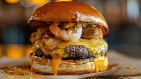 Close-up of a gourmet surf and turf burger with melted cheddar cheese, beef patty, shrimp, and cheddar sauceの素材