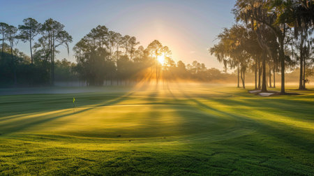 First light of day breaking over a tranquil golf course teeing groundの素材