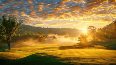 A golfer's dream: teeing ground at sunrise with a stunning view of the golf courseの素材