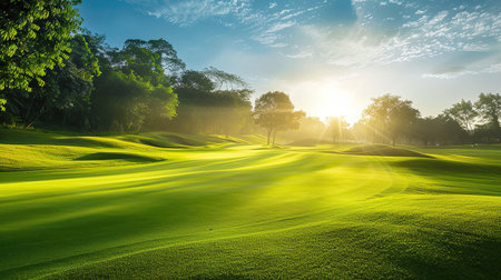 A tranquil golf course teeing ground at sunrise, with lush greenery and clear skiesの素材