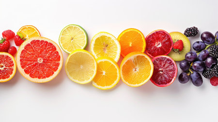 Colorful fresh fruits including berries, citrus slices, and grapes, neatly arranged against an isolated white backdropの素材