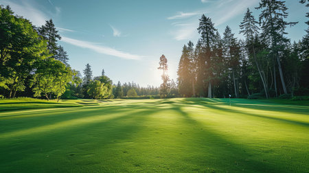 Golf course fairway with perfectly green grass and tall trees under a sunny skyの素材