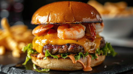 Gourmet surf and turf burger with beef patty, melted cheddar, shrimp, and cheddar sauceの素材