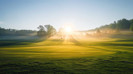 Morning sun rising over a tranquil golf course teeing ground, creating a perfect viewの素材