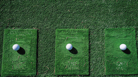 Green mat at driving range with three golf balls placed in a row, top viewの素材