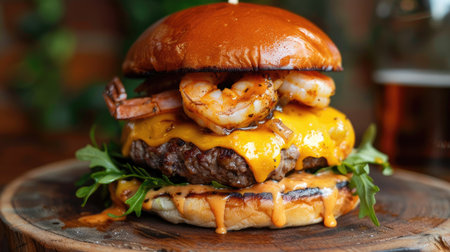 Mouthwatering surf and turf burger featuring beef patty, melted cheddar, shrimp, and cheddar sauceの素材