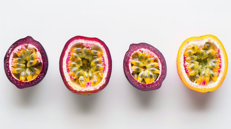 Passion fruits in various stages of being cut, showcasing their colorful interiors, on a white backgroundの素材