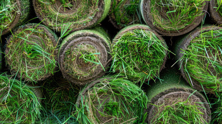 Rolls of turf grass piled up, ready for lawn installation, highlighting vibrant green grassの素材