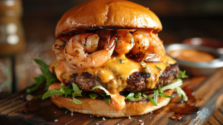 Mouthwatering surf and turf burger featuring beef patty, melted cheddar, shrimp, and cheddar sauceの素材