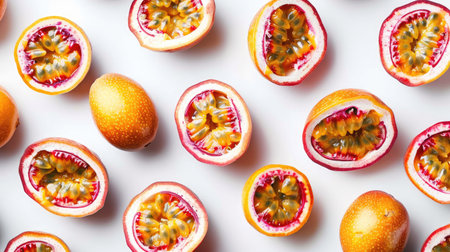 Top view of whole and sliced passion fruits, displaying vibrant pulp and seeds, against a white backgroundの素材