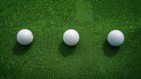 Three golf balls neatly placed on green mat at driving range, top view, ideal for practiceの素材
