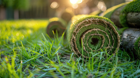 Pile of turf grass rolls ready for lawn installation, highlighting vibrant green grassの素材