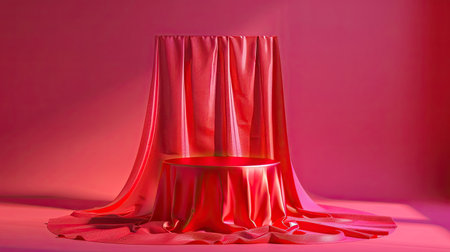 Elegant cylinder podium draped in red cloth on viva magenta background, product displayの素材