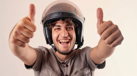 Happy young man in helmet celebrating victory with thumbs up, isolated view.の素材