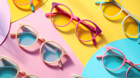 Fashionable glasses with round frames, set against a bright summer sale themeの素材