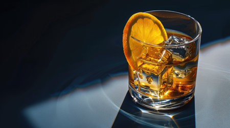 Glass of Old Fashioned cocktail with ice cubes and orange slice, on a shadowy, dark backgroundの素材
