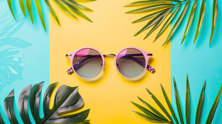 Modern round-frame glasses with summer sale discount banner, bright backgroundの素材