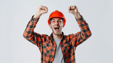 Excited builder in hard hat showing winner sign against plain white background.の素材