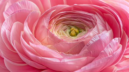 Pink ranunculus bloom in detailed macro, highlighting its graceful petal arrangementの素材