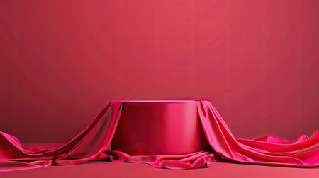 Red cloth draped cylinder podium on vibrant magenta background, elegant product displayの素材