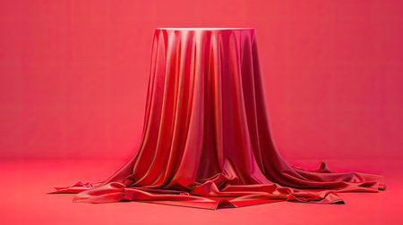 Elegant red cloth-draped cylinder podium, vivid magenta background, product displayの素材