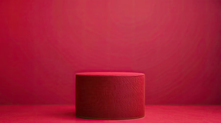 Premium product showcase on red fabric-covered cylinder podium, vibrant magenta backgroundの素材