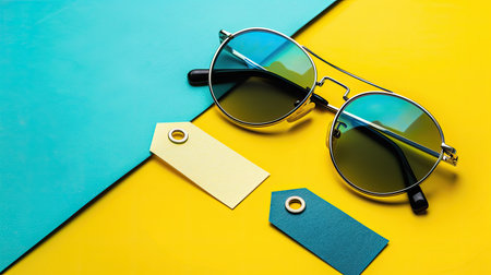 Stylish sunglasses with sale tags, bright summer background, copy space for textの素材
