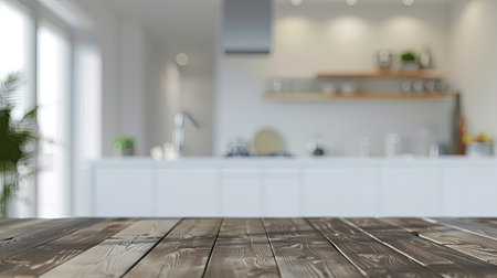 Modern white kitchen blurred, wooden table in focus, stylish home interiorの素材