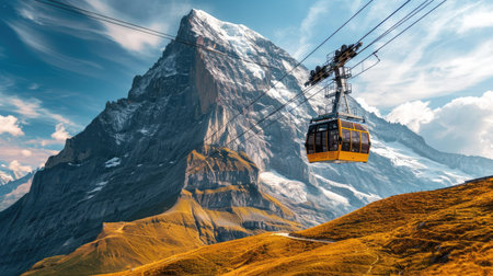 Eiger Express cable car in Swiss Alps, dramatic mountain scenery in backgroundの素材