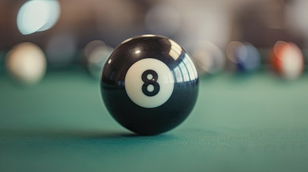Detailed close-up of black eight ball on billiard table,の素材