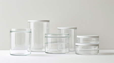 Collection of minimalist glass storage containers on white background, sleek and practicalの素材