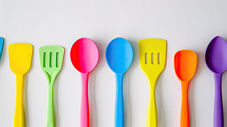 Set of vibrant silicone spatulas on clean white background, practical and colorfulの素材