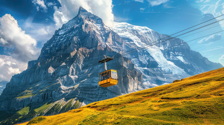 Swiss Alps Eiger Express cable car, dramatic mountain landscape in backgroundの素材