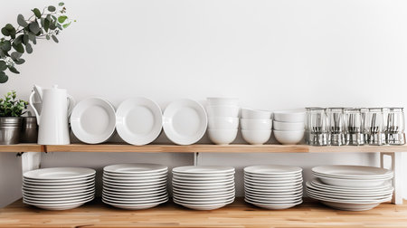 Clean dishware set neatly arranged on wooden table, white background, modern presentationの素材