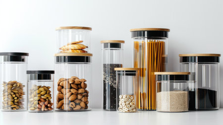 Assorted kitchen containers on white background, sleek and modern storage solutionsの素材
