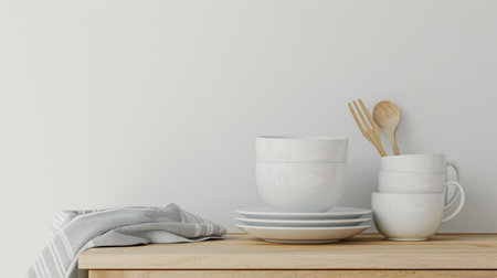 Clean and simple dishware on wooden table, white background, minimalist setupの素材