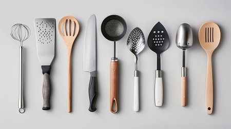 Assorted modern kitchen utensils on clean white background, minimalist and practicalの素材