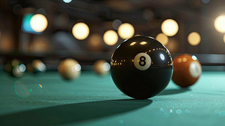 Billiard balls arranged on a pool table, the black eight ball in sharp focus, symbolizing bets in sportsの素材
