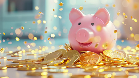 Overflowing pink piggy bank with gold coins, spilling onto the floor in a wealth overflowの素材