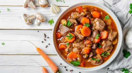 Delicious rabbit stew with carrots and mushrooms on a white wooden table, flat lay perspectiveの素材
