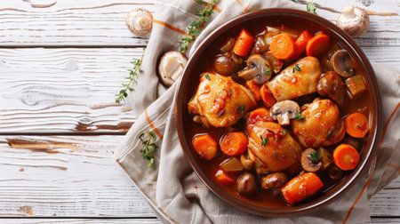 Delicious rabbit stew with carrots and mushrooms on a white wooden table, flat lay perspectiveの素材