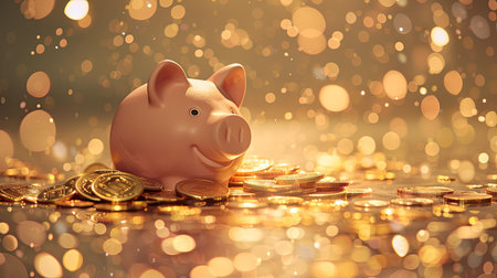 Pink piggy bank inundated with gold coins, overflowing and spreading wealth across the floorの素材