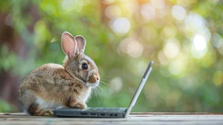 Cute rabbit with a small laptop on a bokeh spring green background. Fluffy bunny exploring technology on a natural wooden backgroundの素材