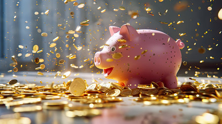 Pink piggy bank being showered with gold coins, spilling onto the floor in a cascade of richesの素材