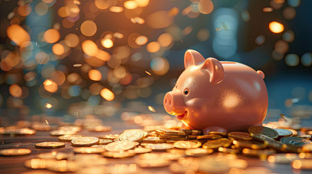 Overflowing pink piggy bank with gold coins, spilling onto the floor in a wealth overflowの素材