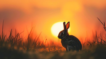 Rabbit silhouette framed by a vibrant sunset, highlighting the tranquility of the momentの素材
