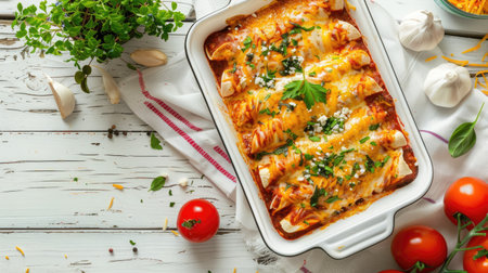 Delicious rabbit enchiladas with cheese on a white wooden table, flat lay shotの素材