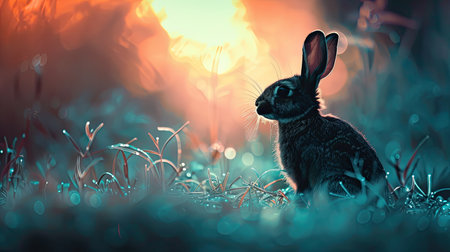 Rabbit silhouette in the evening meadow, surrounded by the tranquil light of duskの素材
