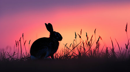 Rabbit silhouette in the evening meadow, with the colors of sunset fading into duskの素材