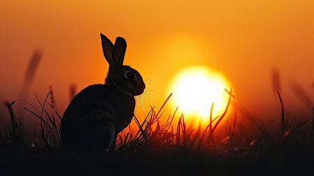 Rabbit's silhouette illuminated by a glowing sunset, creating a serene sceneの素材